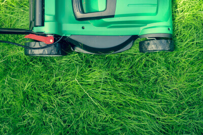 Lawn mower cutting grass following a homeowners annual lawn care schedule.
