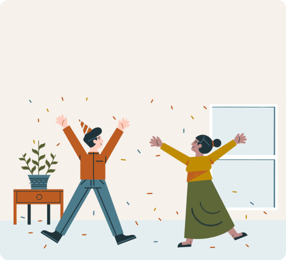 Illustrated graphic features first-time homebuyers celebrating their closing and homeownership with confetti and party hats.