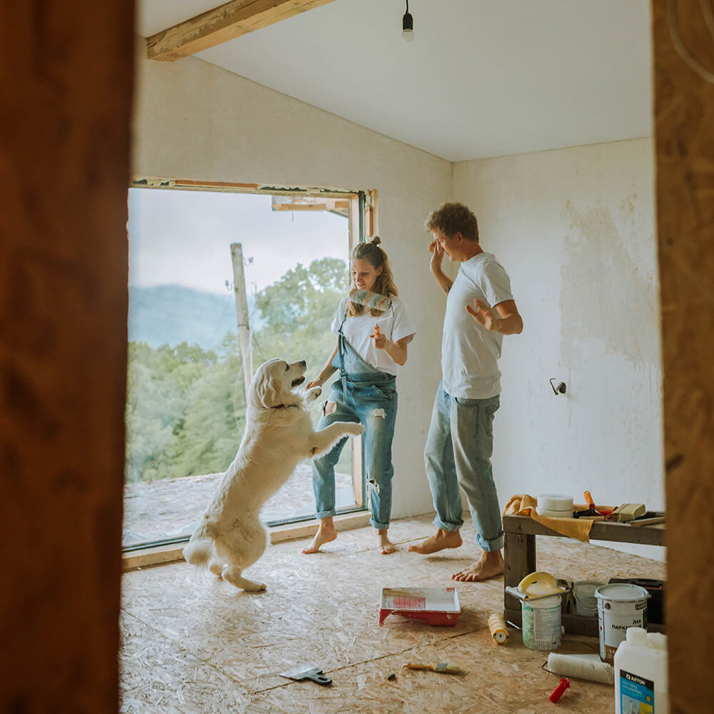 a dog playing with its owners while they are painting
