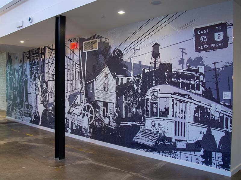 The Paint the District mural titled “Superior Avenue” inside of the CrossCountry Mortgage headquarters in Cleveland, OH
