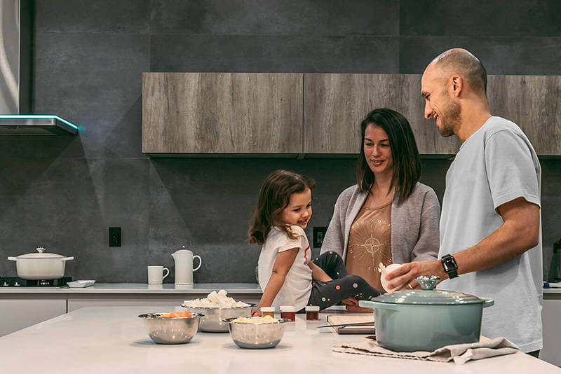 A family in their kitchen